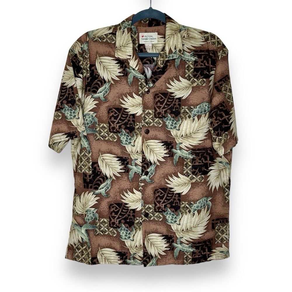 Royal Hawaiian Creations Turtle Palm Leaves Short Sleeve Button Front Men Medium